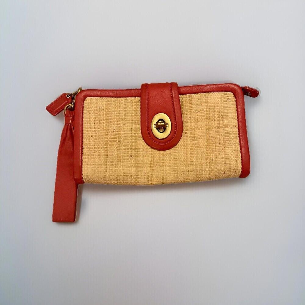 Coach Style #LO868-4274 Parker Wristlet Wallet in Natural Straw & Pink Leather